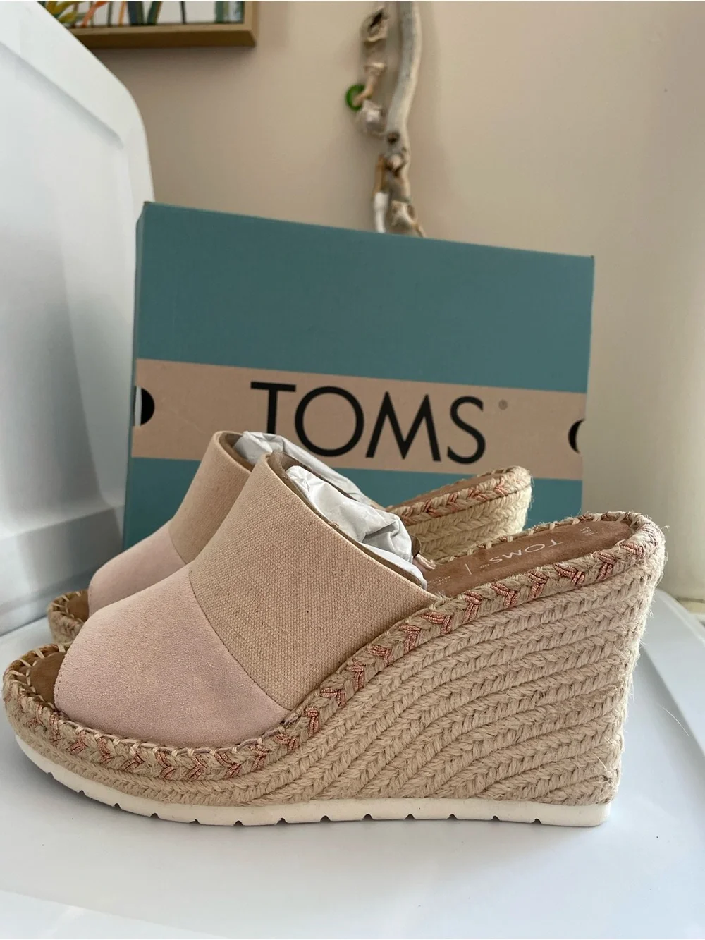 TOMS Blush Pink Canvas Espadrille Wedge Slides Monica Mule NEW in BOX